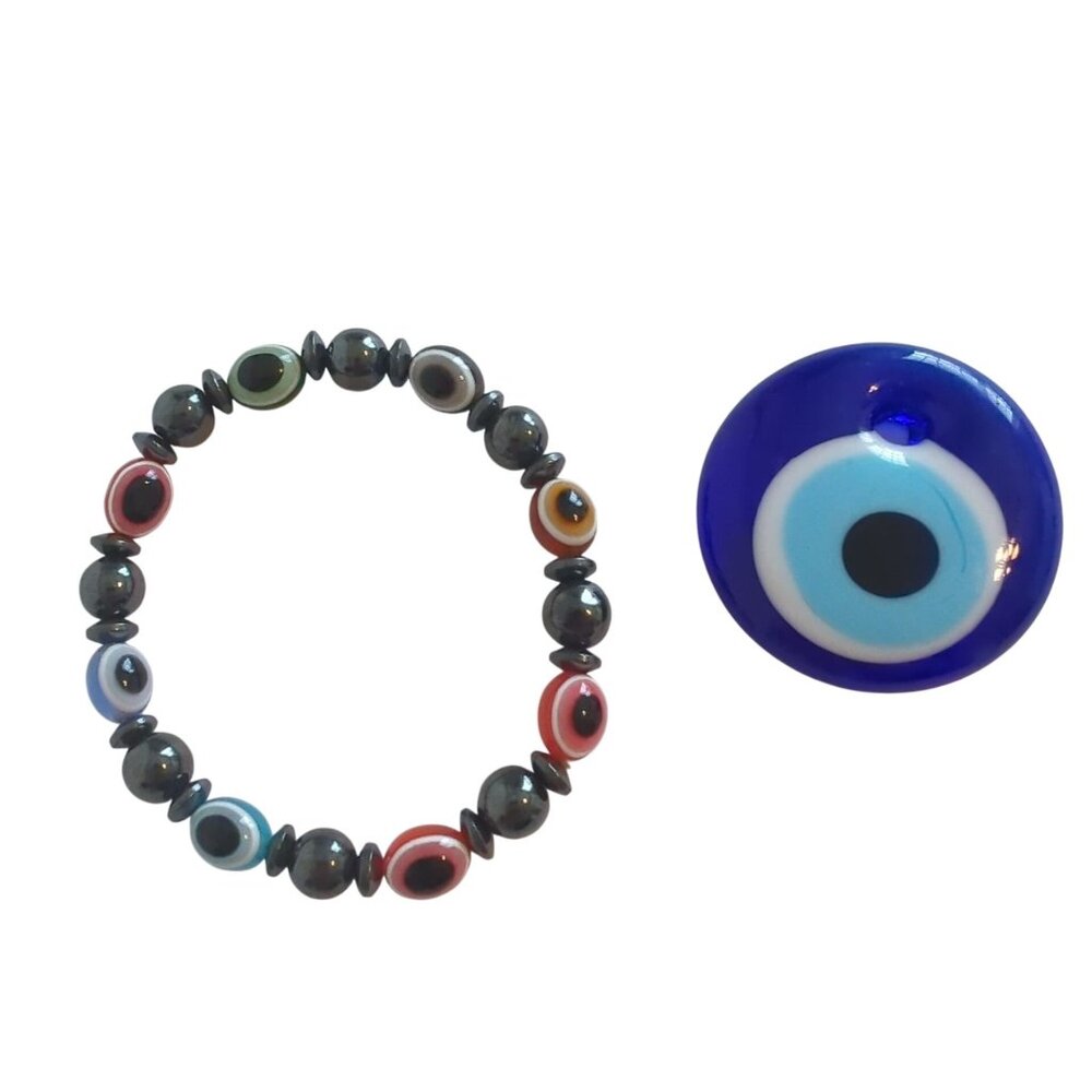 Evil Eye Glass & Hematite Beaded Bracelet & Blue Glass Amulet Pendant Set